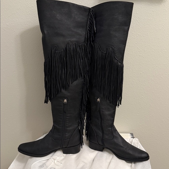 Schutz Kin Black Leather Thigh High Fringe Boots ~Anthropologie ~ Size 9 ~ NWOT - Picture 5 of 16
